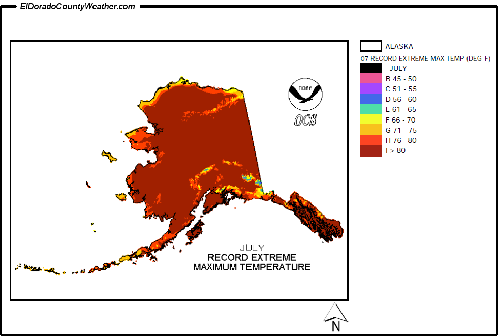 Alaska Climate Map for July Record Extreme Maximum Temperatures